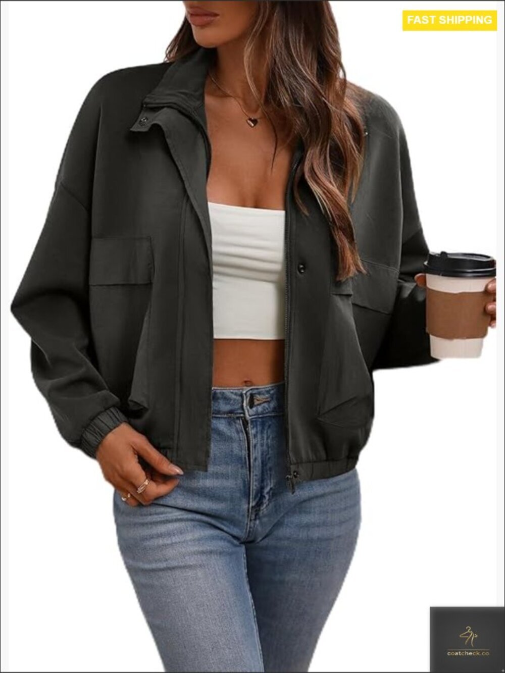 Cropped Oversized Safari Jacket Zip Up Stand Collar Long Sleeve Utility Anorak